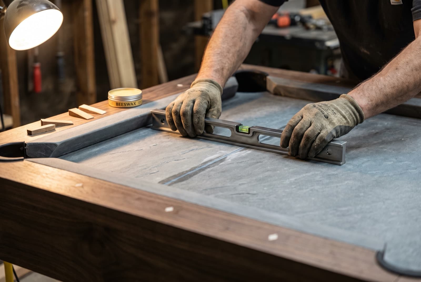 Hands setting a machinist's level on the bare slate of a pool table